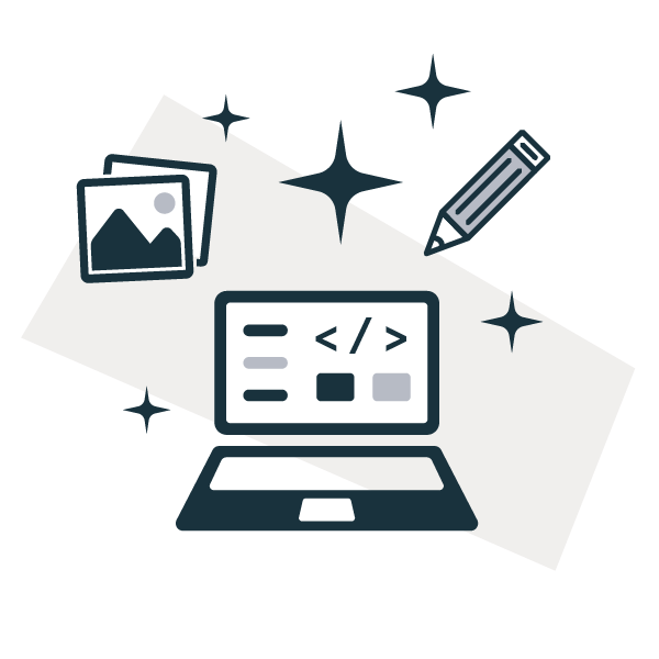 Illustration of a computer screen displaying coding symbols, a laptop, photographs, a pen, and sparkles, representing digital content creation or web development.