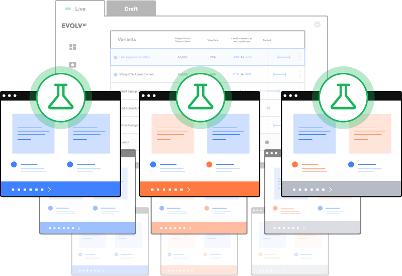 Illustration featuring multiple overlapping web browser windows and icons related to scientific research or data analysis, including beaker icons and charts.