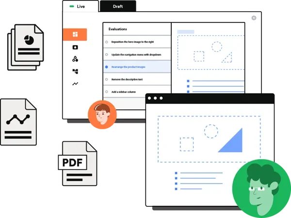 Digital workspace with documents, including PDFs, charts, and presentation slides, featuring user avatars and a project management interface.