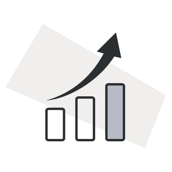 A bar graph with three bars increasing in height from left to right, accompanied by an upward sloping arrow indicating growth or increase.