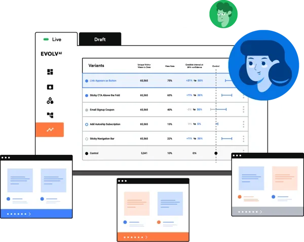 Screenshot of a digital interface showing data trends and variants, with device mockups representing mobile and tablet views, and user profile icons.