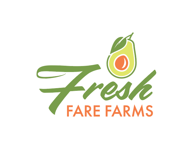 Logo of Fresh Fare Farms featuring an avocado and the text 'Fresh' in green and 'Fare Farms' in orange.