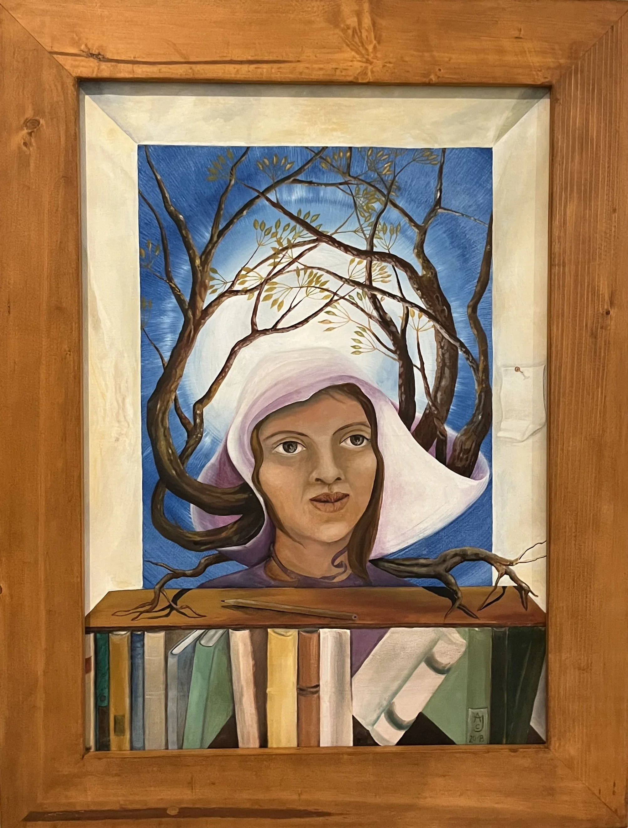 Painting of a woman with a hat, trees with branches and leaves, books on a shelf, all framed in a wooden window frame.