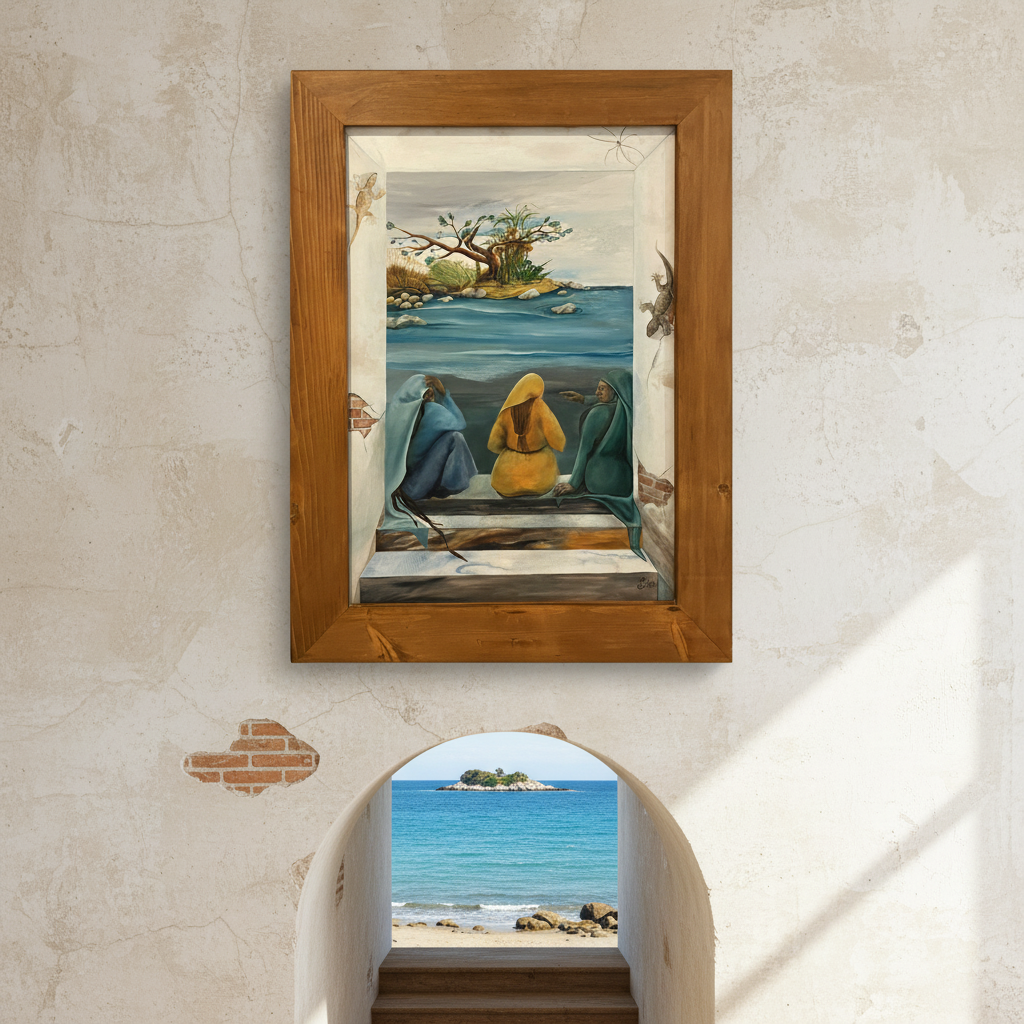 "Chat"A figurative scene reflecting the nature of shared conversation. Three women sit together, exchanging thoughts about the near and the distant, the everyday and the imagined. Chat explores communication as a social ritual—observed, interpreted, 