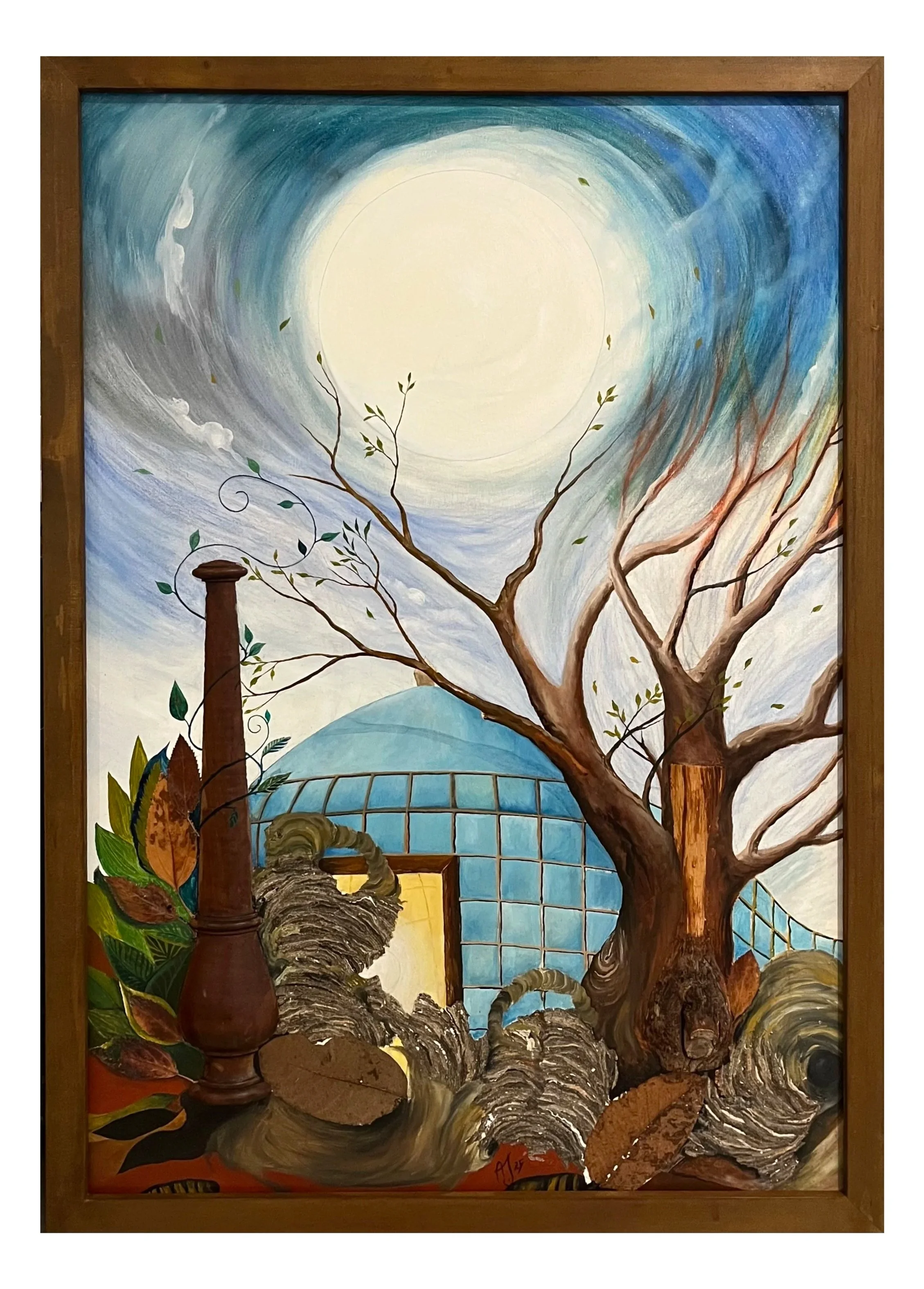 A surreal landscape painting featuring a large bright moon in a swirling sky, a leafless tree with twisted branches, a chimney, a blue dome with window panes, rocks, and a globe-like structure with a yellow window, all framed in a wooden frame.