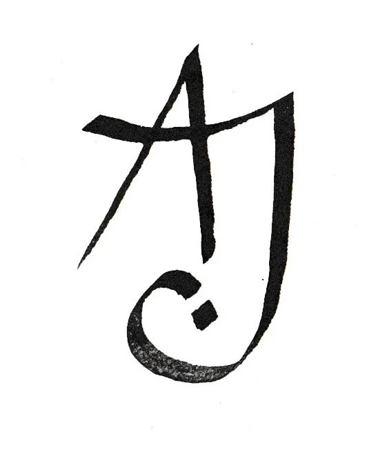 Stylized black ink calligraphy of the letter AJ on white background.