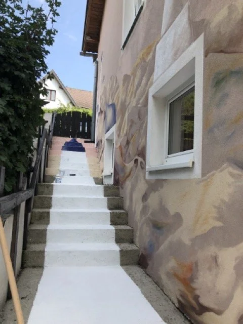 Outdoor staircase with concrete steps and a painted design on the side of the house, leading to a gate at the top, with trees and a house in the background.