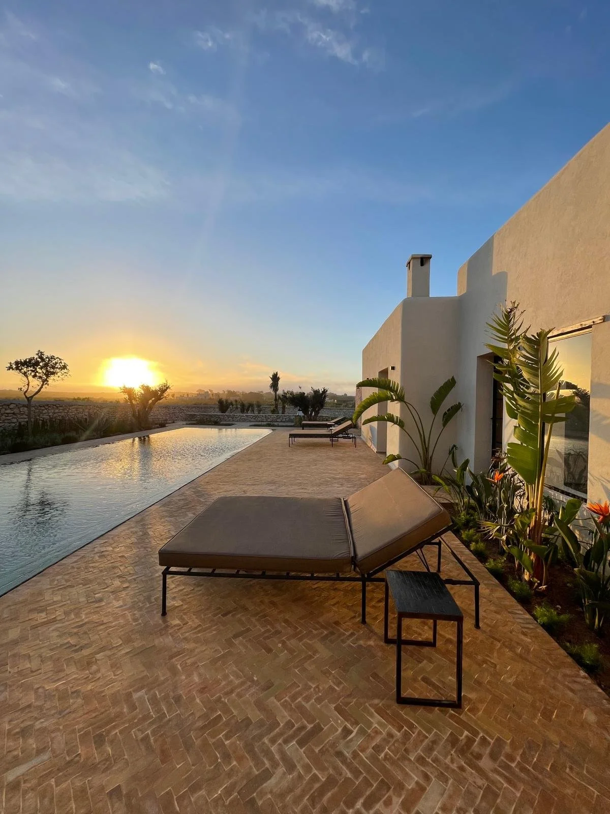 Image d'une terrasse avec une piscine au coucher du soleil, meubles de détente, plantes tropicales et maison blanche moderne.