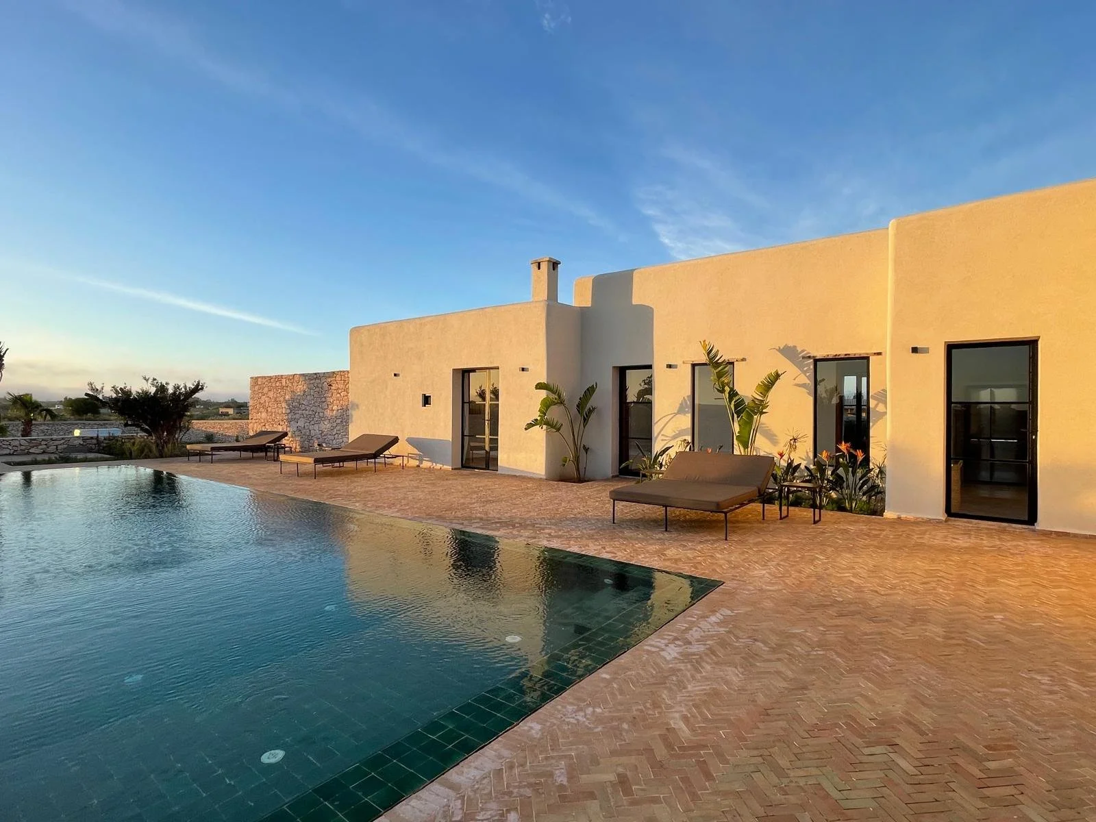 Piscine extérieure à côté d'une maison moderne avec des chaises longues et des plantes tropicales, sous un ciel clair.