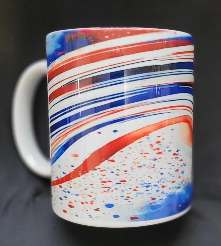 11 oz Ceramic Mug – Red, White & Blue Fluid Art Design