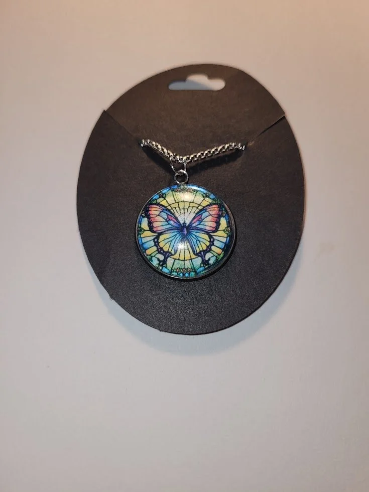 Stained Glass Butterfly Pendant Necklace
