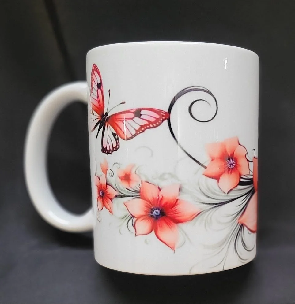 11 oz Ceramic Mug – Pink Butterfly & Floral Design