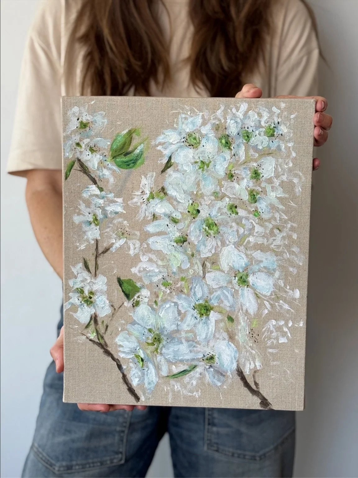 Flowering Cherry Blossoms | 14&rdquo; x 11&rdquo; acrylic on raw linen canvas | 
Been quiet here with sharing my art as it&rsquo;s a busy season of life. I spent end of the winter and early spring going through  The Artists Way process and a class at