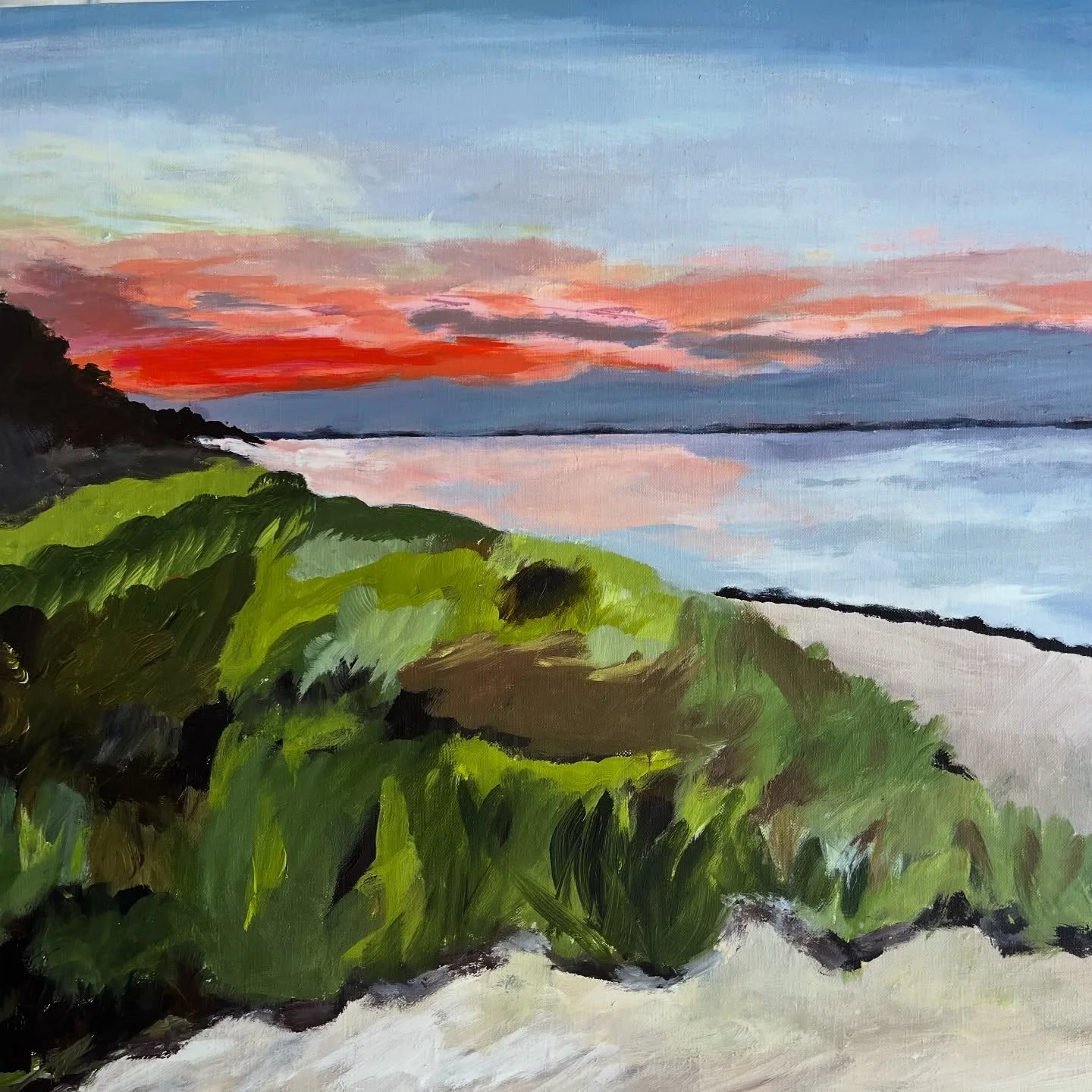 &ldquo;Exhale&rdquo; 
20 in x 16 in
Acrylic on Stretched Raw Linen
This is work 2 of my latest series of landscapes depicting the serenity of East Hampton bay at sundown.