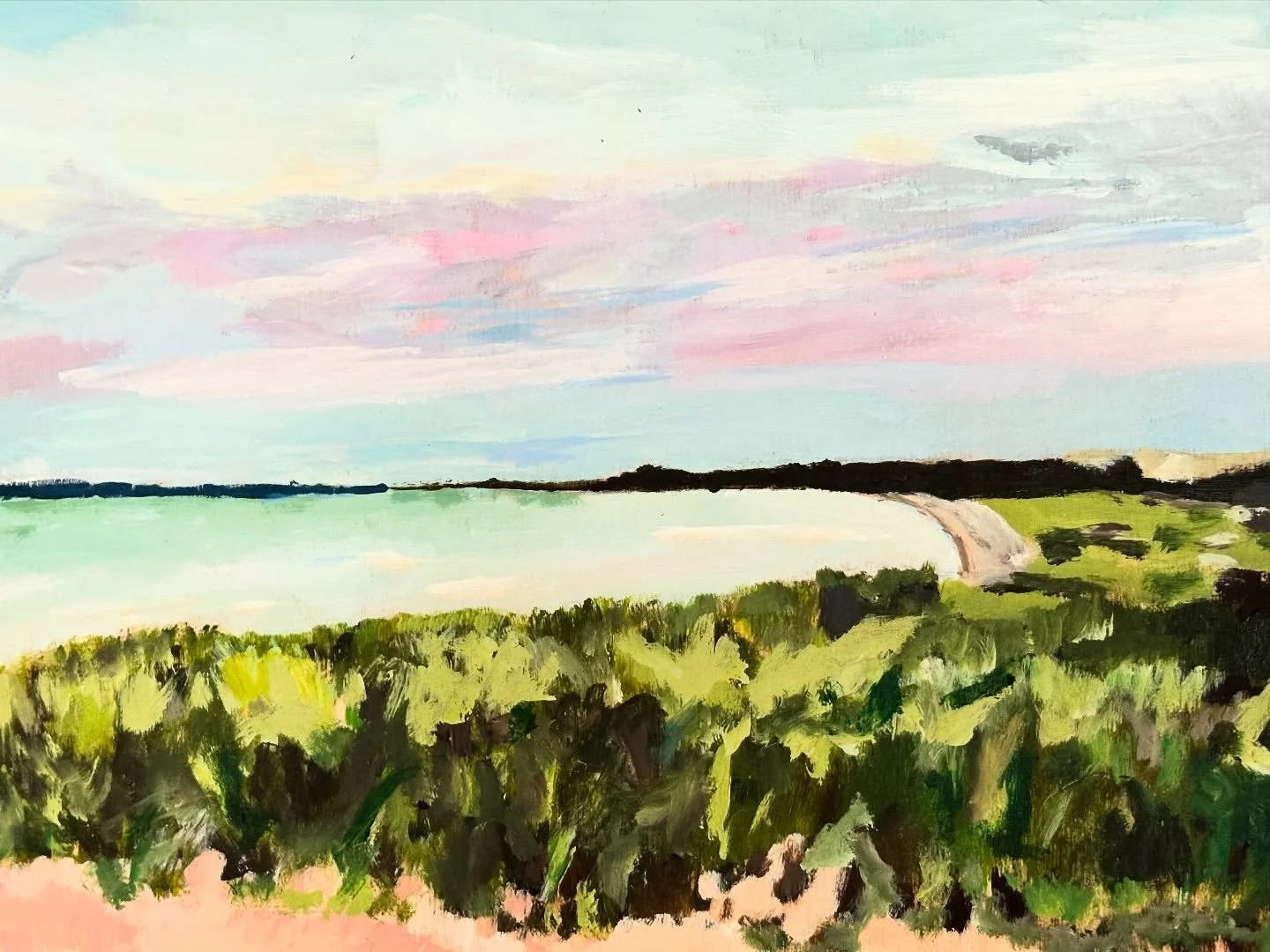 I am excited to debut a new series of 4 landscapes of East Hampton, NY
Work 1 Fresh Morning Light&rdquo; is the first of four works
12in x 9in
Acrylic on Wood