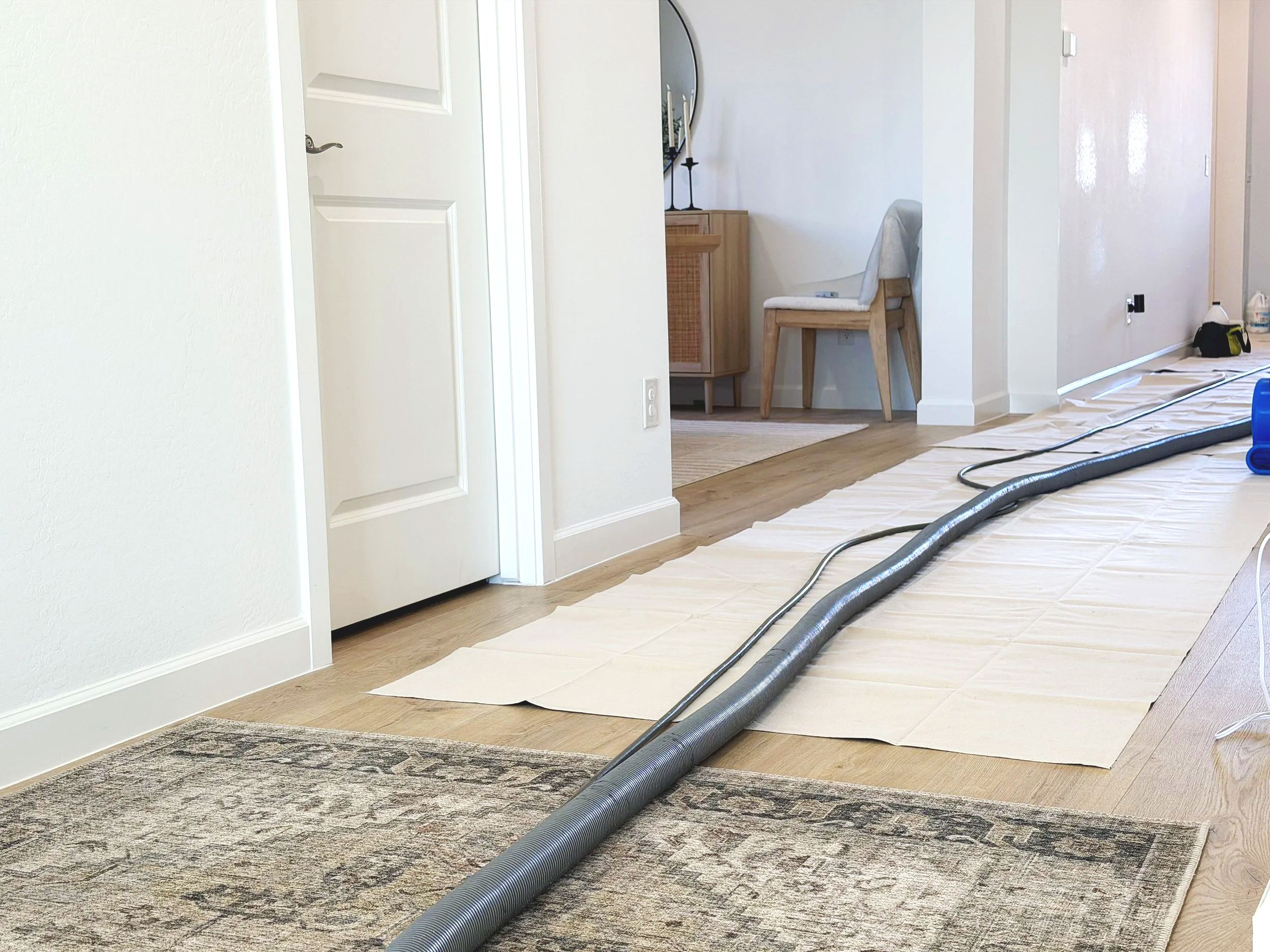 Hallway with oak vinyl wood flooring showing rugs, carpet clean hoses and a table