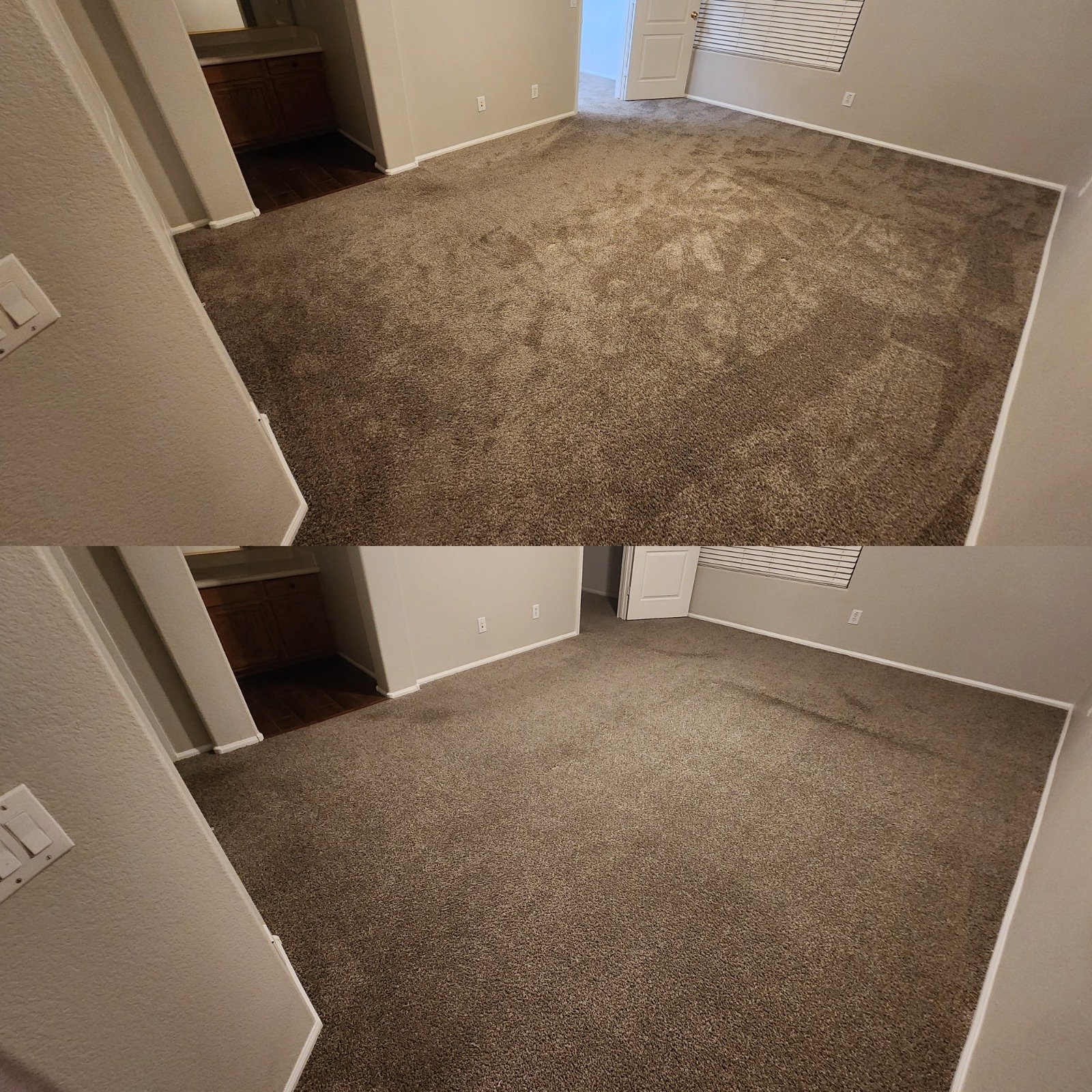 Comparison of a carpeted living room before and after cleaning, showing the carpet looking cleaner and brighter in the second image.