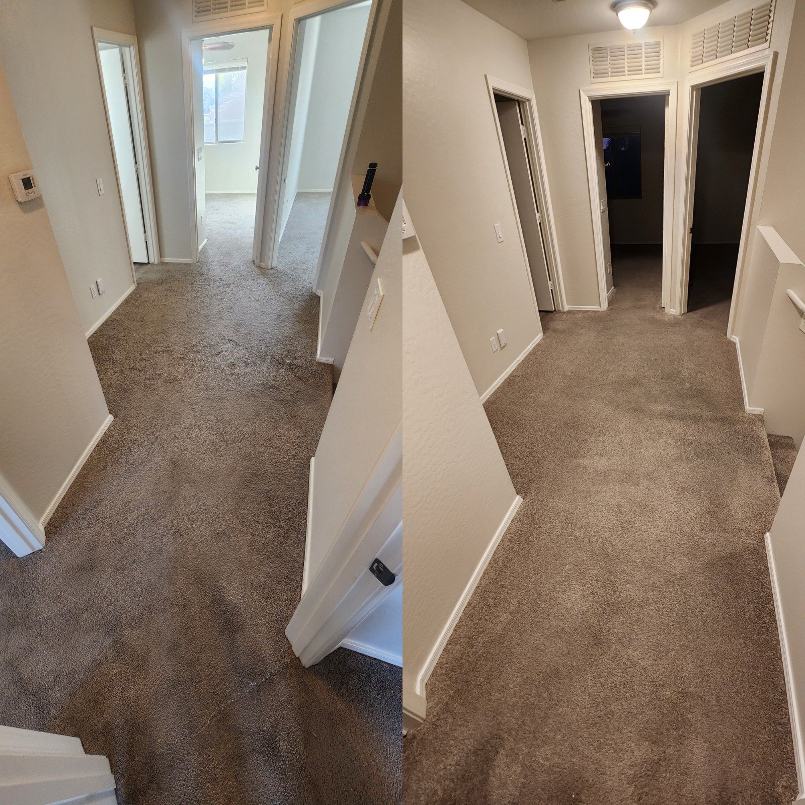 Comparison of a hallway before and after professional carpet cleaning, showing cleaner, brighter carpet.
