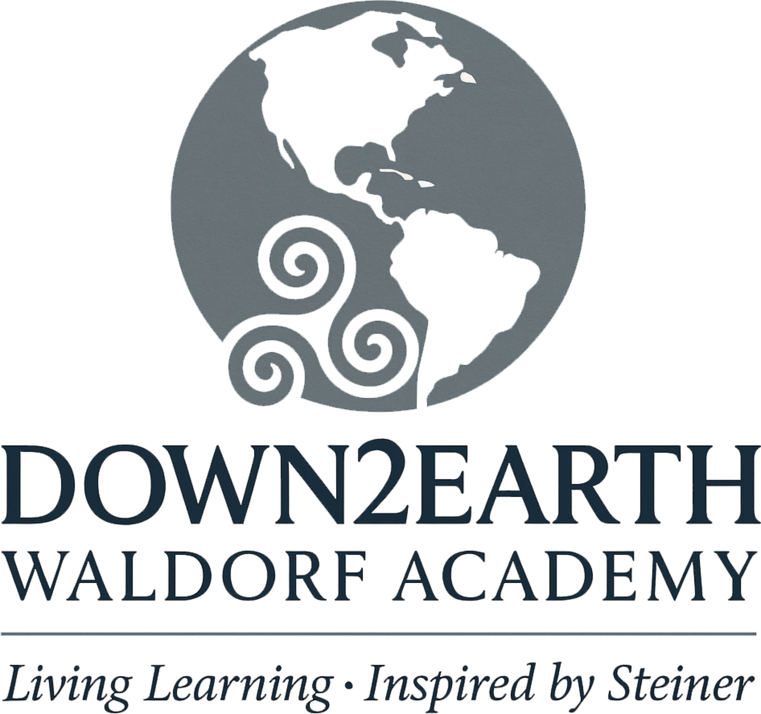 Logo of Down2Earth Waldorf Academy with a globe graphic and swirling design elements, and text indicating it is a learning institution inspired by Steiner.