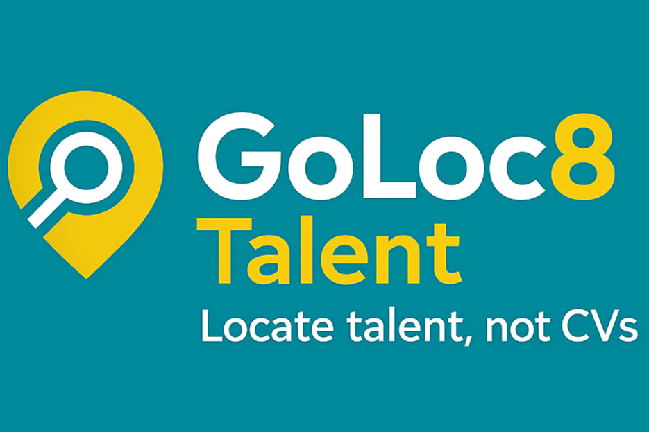 GoLoc8 Talent logo with slogan 'Locate talent, not CVs' on a teal background.
