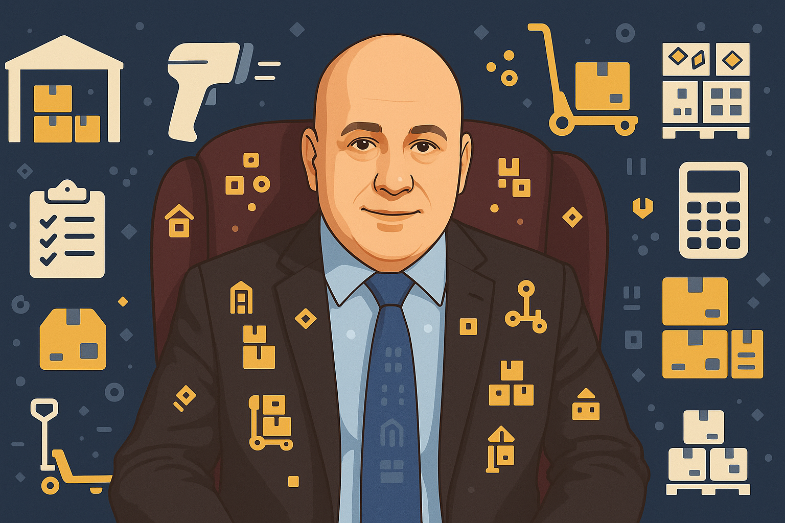 Illustration of a bald man in a suit sitting in an office chair, surrounded by icons of boxes, a barcode scanner, a checklist, a shopping cart, a calculator, and a scooter, representing logistics, inventory, or business management.