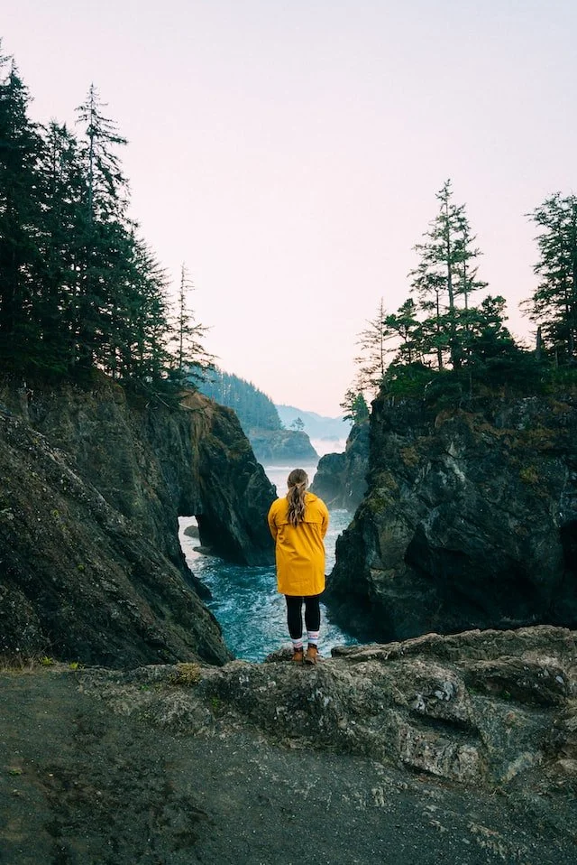 A person in a yellow coat standing on rocks overlooking a river between large canyon walls, with trees and distant mountains under an overcast sky.