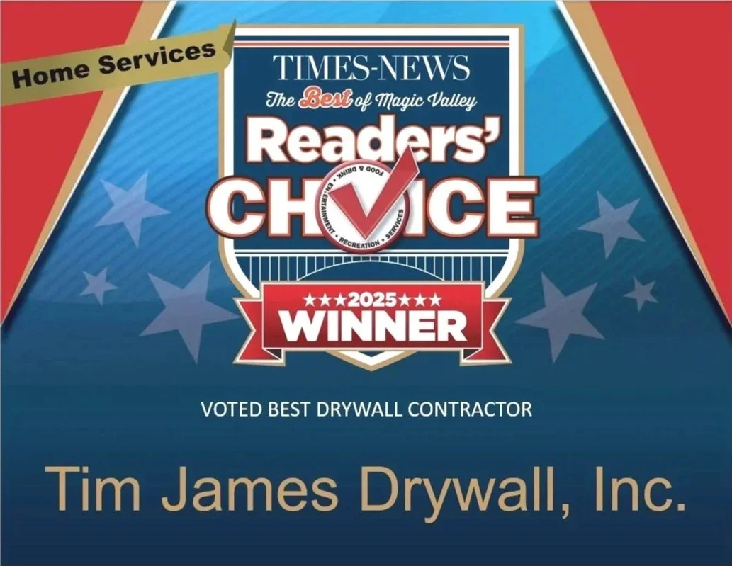 Award badge indicating Tim James Drywall, Inc. was voted best drywall contractor and winner of the 2025 Reader's Choice award from Times-News in the Magic Valley.