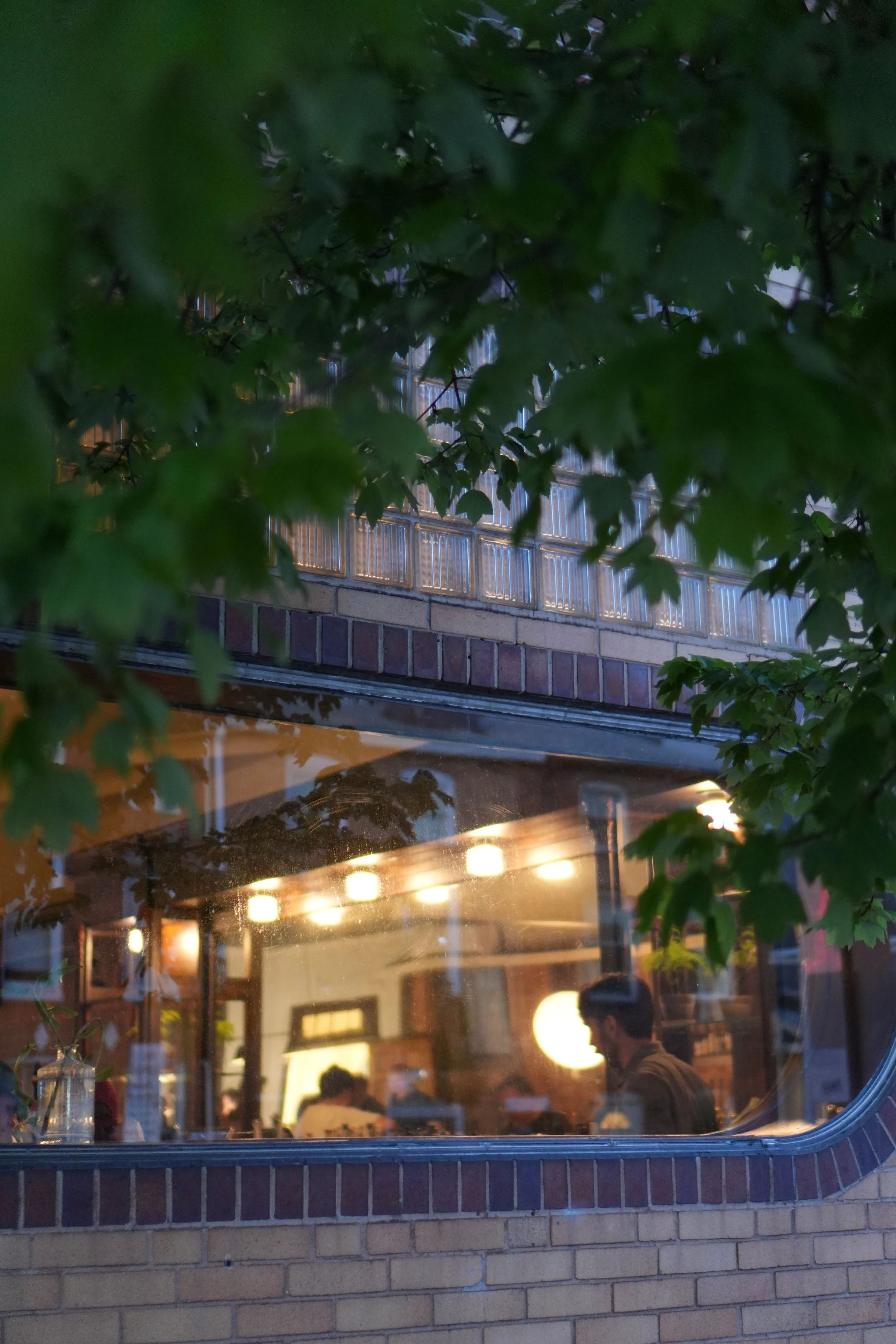 View through a window with trees and leaves in the foreground, showing a cozy, warmly lit Bar Alice Anne interior with people dining and a bar area.