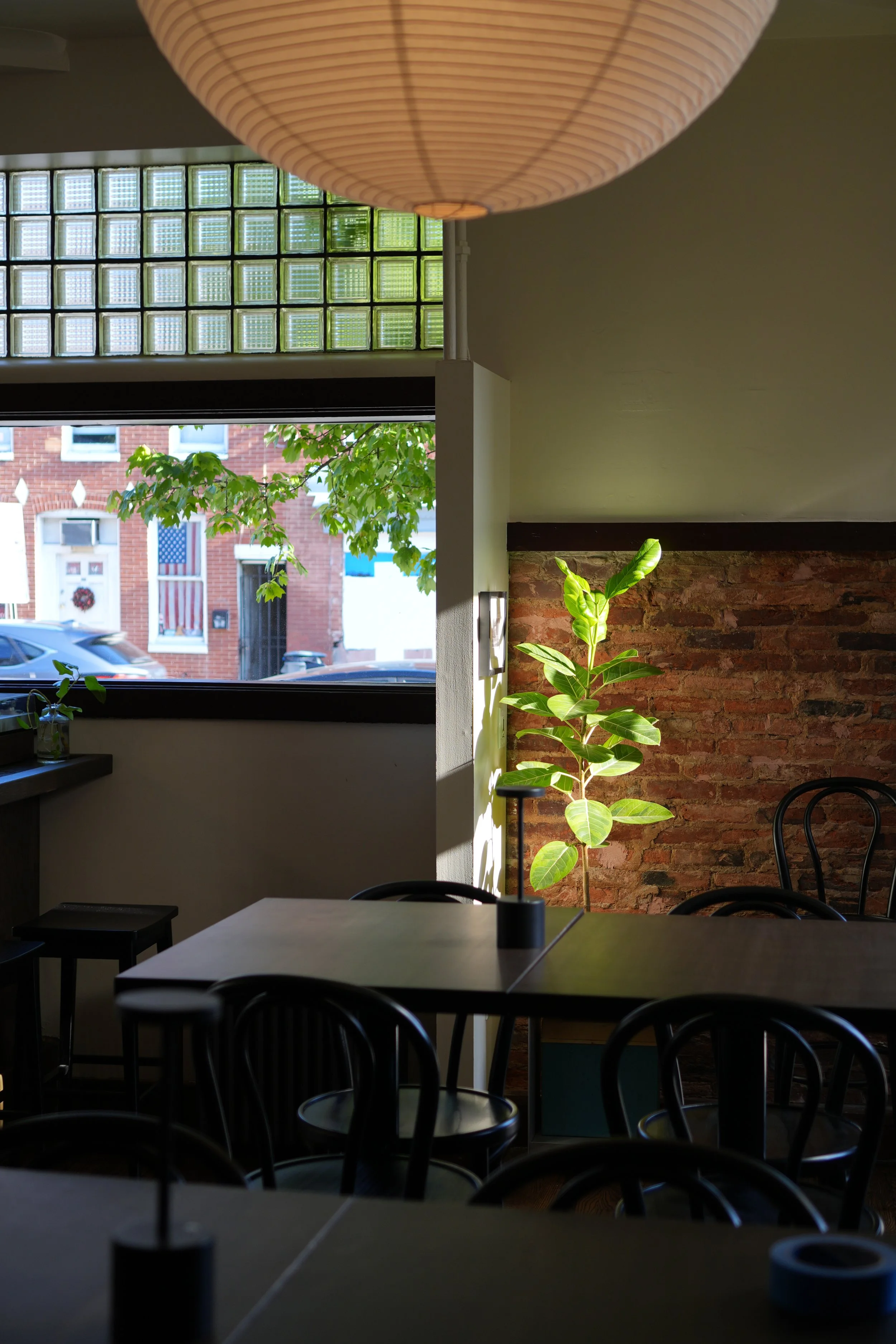 Interior view of Bar Alice Anne bar and restaurant with tables, chairs, a potted plant, and a large window with glass blocks and a view of buildings and trees outside.