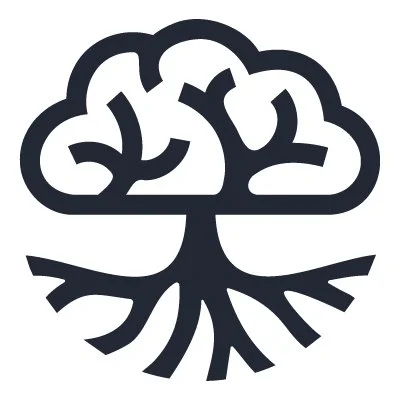 A stylized black and white illustration of a tree with a detailed root system.