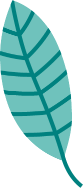 A stylized illustration of a single teal leaf with dark green veins on a black background.