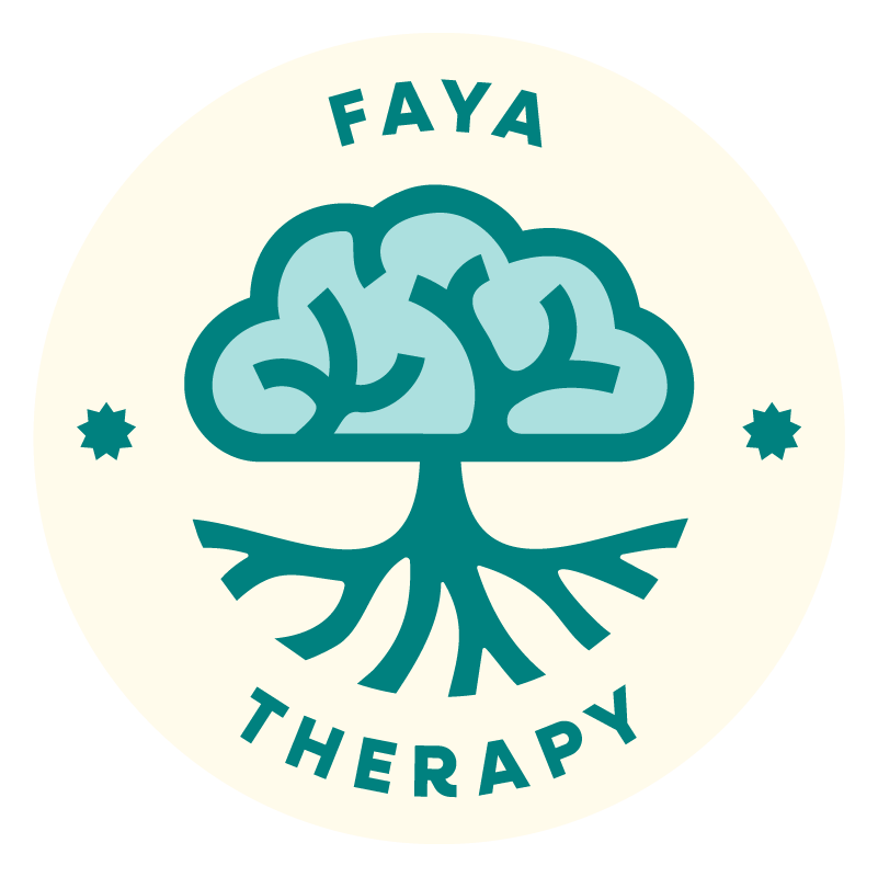 A logo with a stylized tree with roots, with the words "Faya Therapy" above and below the tree, and two small star-like symbols on each side.