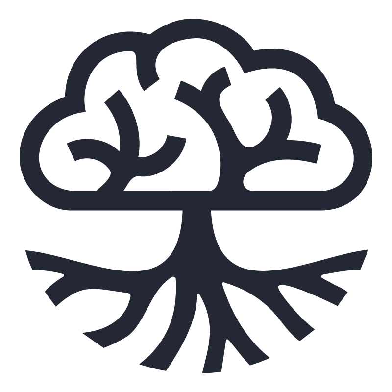 A stylized black and white illustration of a tree with a thick trunk, branches, and roots.