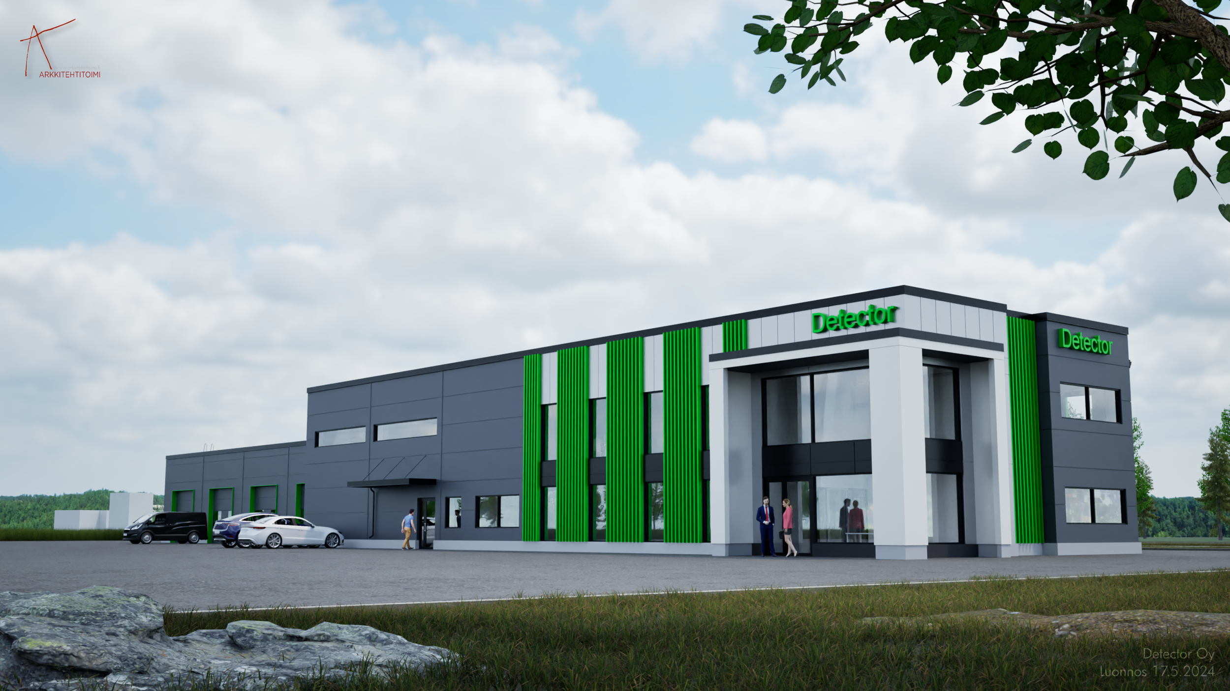 Uuden näköinen rakennus, jossa suuret ikkunat ja vihreitä koristeita ulkoseinässä, nimeltään 'Detector'. Parkkipaikka ja ihmisiä ulkona, taustalla pilvinen taivas ja lamoja puita.