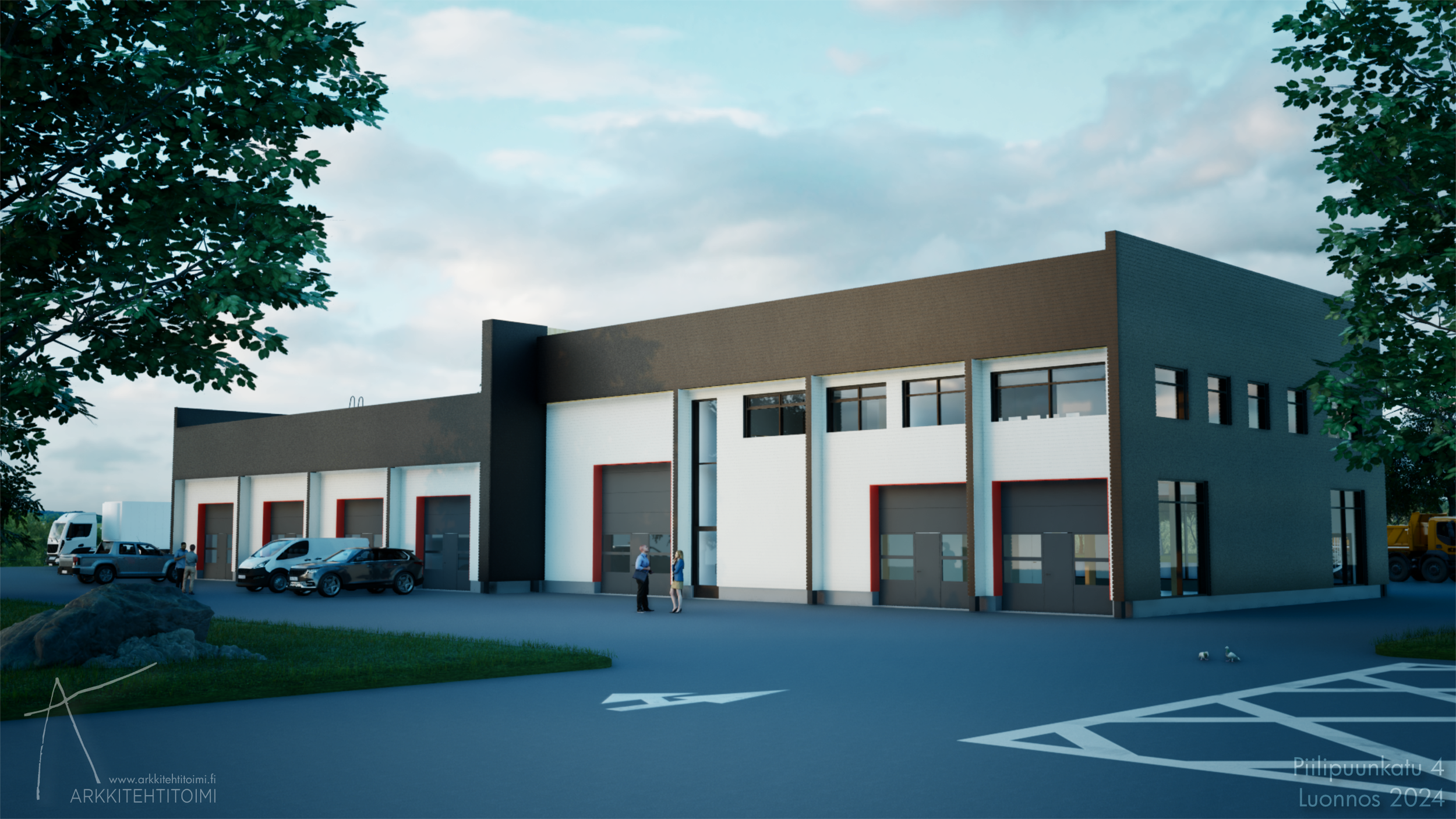 Ulkokuva nykyaikaisesta teollisuusrakennuksesta, jossa on useita autotalleja, parkkeerattuja autoja ja ihmisiä keskustelemassa. Taustalla on taivasta ja puita.