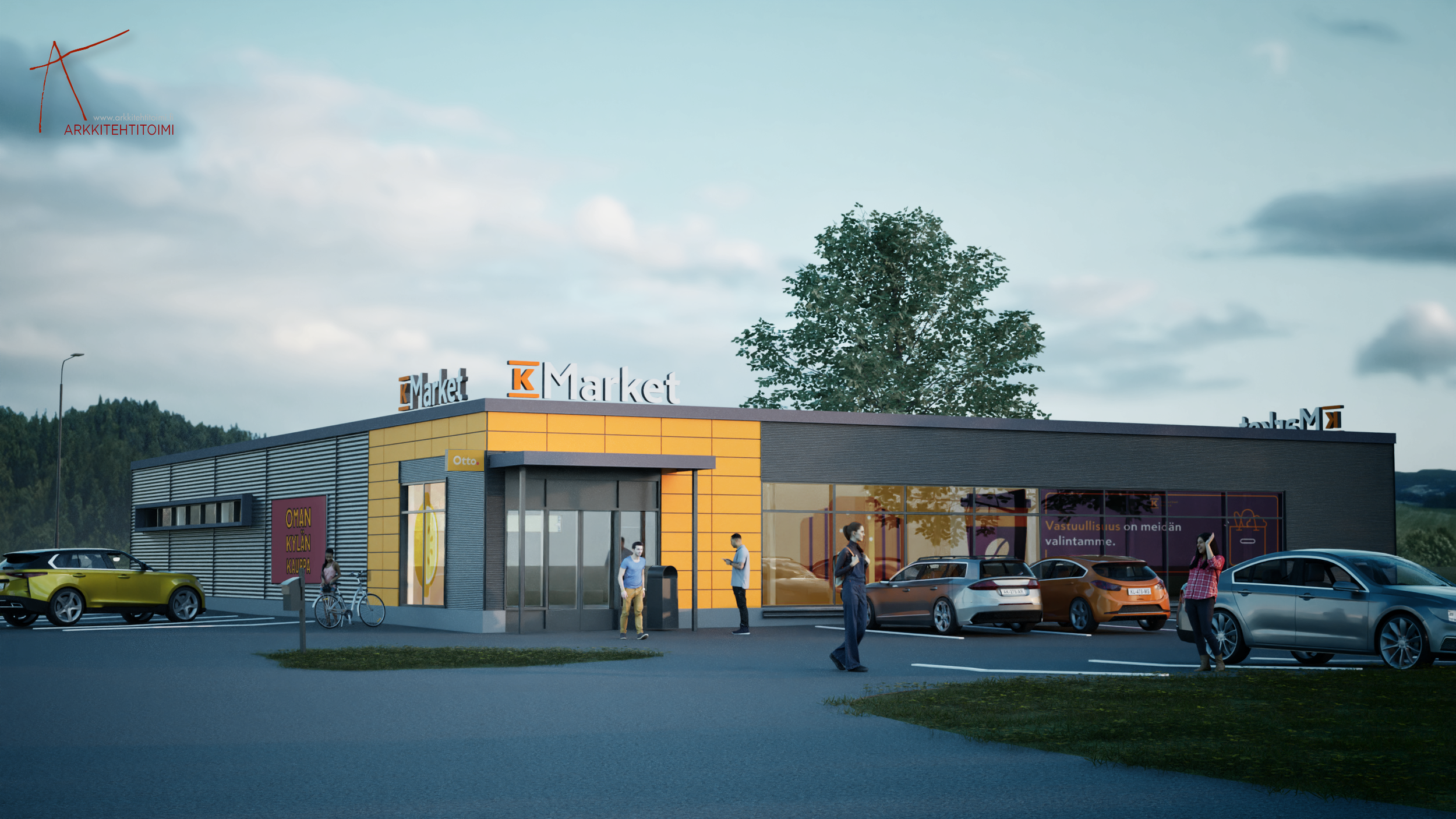 Kauppakeskus, jossa on merkkejä 'K Market' ja ihmisiä, jotka odottavat tai kävelevät, autoja pysäköintialueella ja taustalla puita ja pilviä.