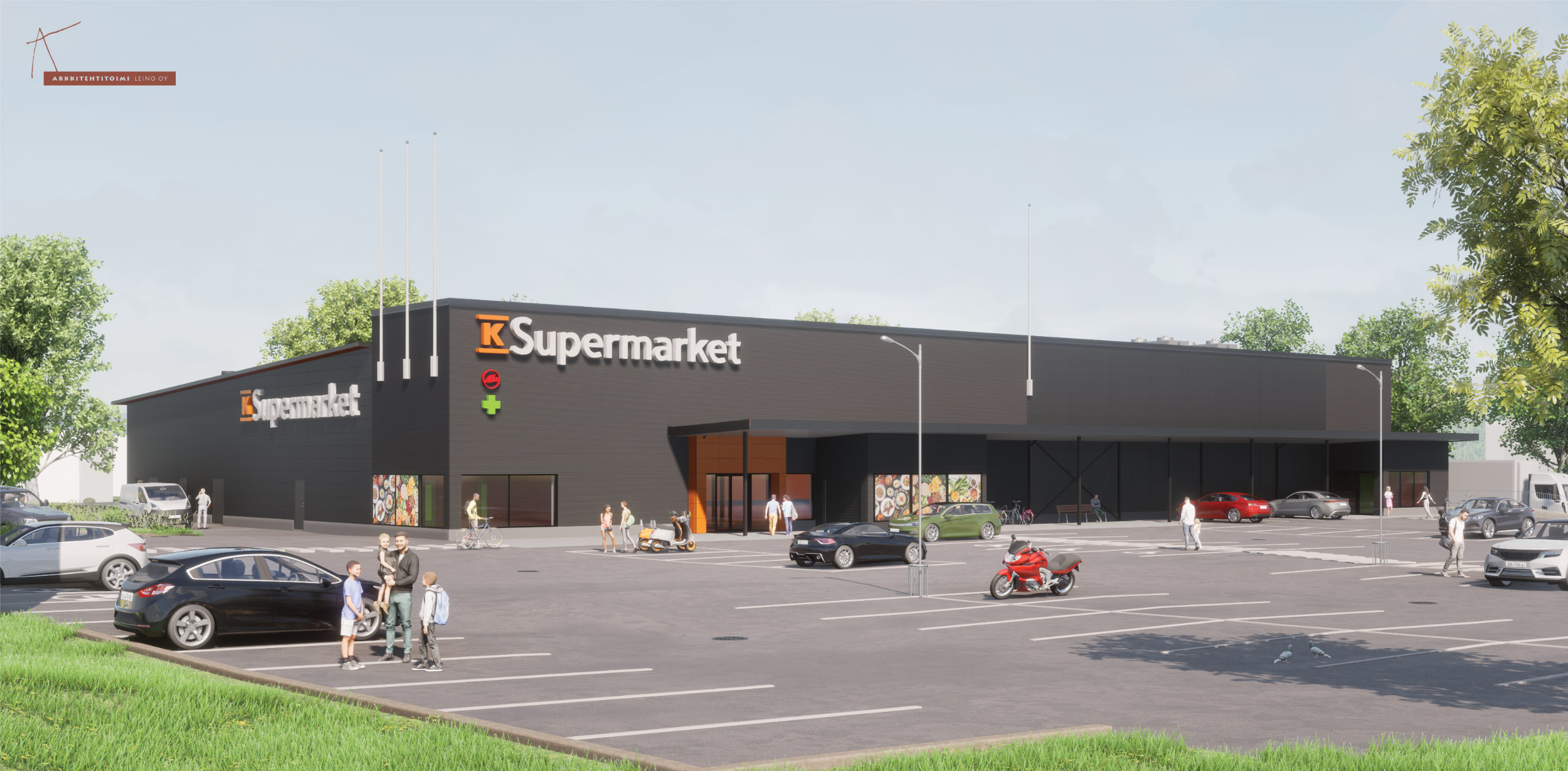 Uusi supermarket-talo ulkopuolelta näkymä, pysäköintialue ja ihmisiä kulkemassa ja odottamassa, ympärillä puita ja vihreää nurmikkoa.