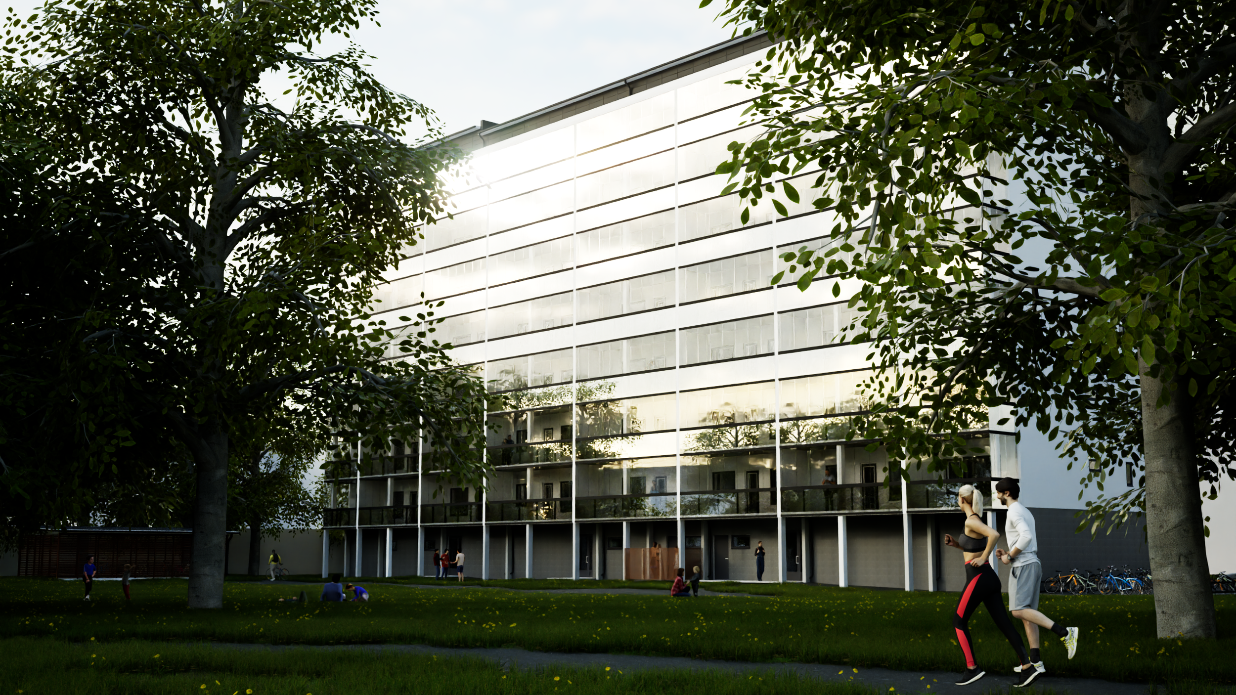 Kuva modernin kerrostalon edustan puistosta, jossa on lapsia leikkimässä ja ihmisiä kävelemässä, sekä kaksi juoksijaa lähdössä liikuntaharrastustaan.