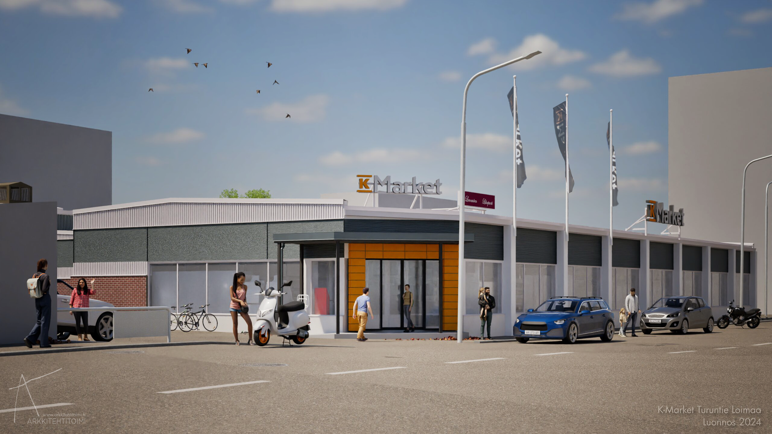 Katu, jossa on K Market -ravintolan sisäänkäynti ja pysäköityjä autoja, moottoripyöriä ja pyöriä, ihmisiä kävelemässä ja sisäänkäynnin edessä kukkia.
