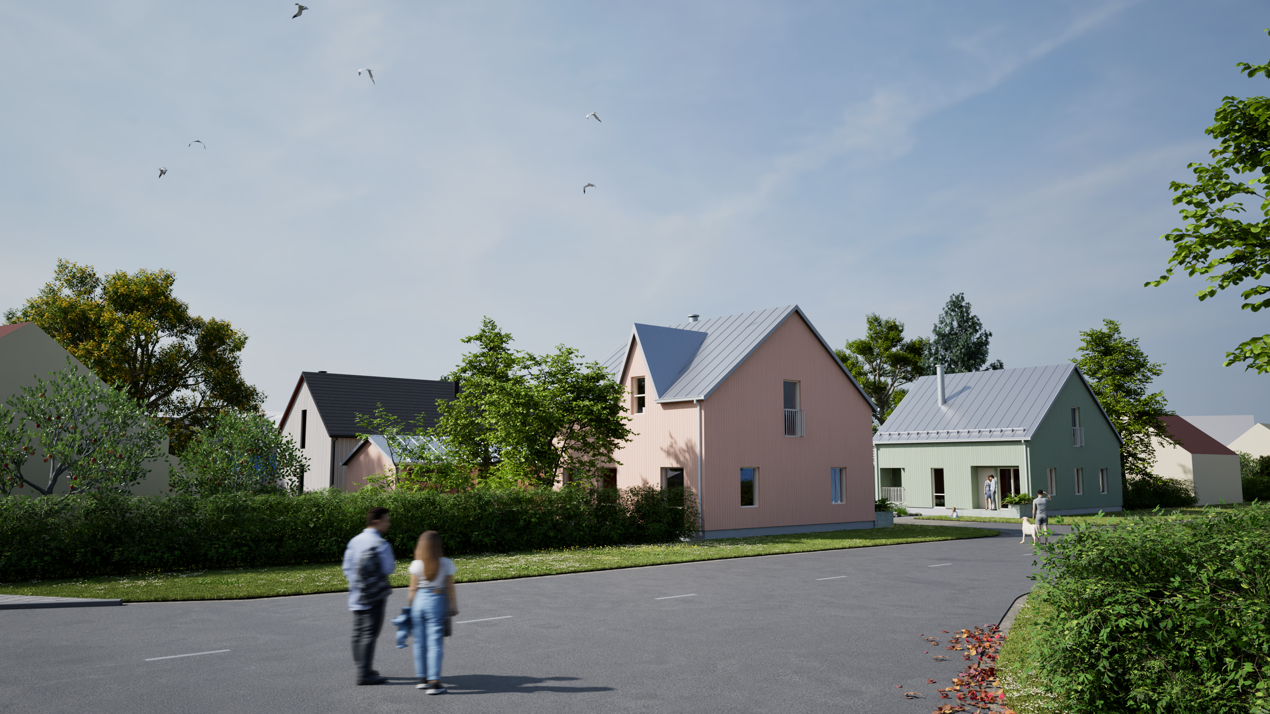 Väinäkymä asuinalueesta, jossa on useita värikkäitä taloja ja ihmisiä pihalla. Taivaalla lentää lintuja.