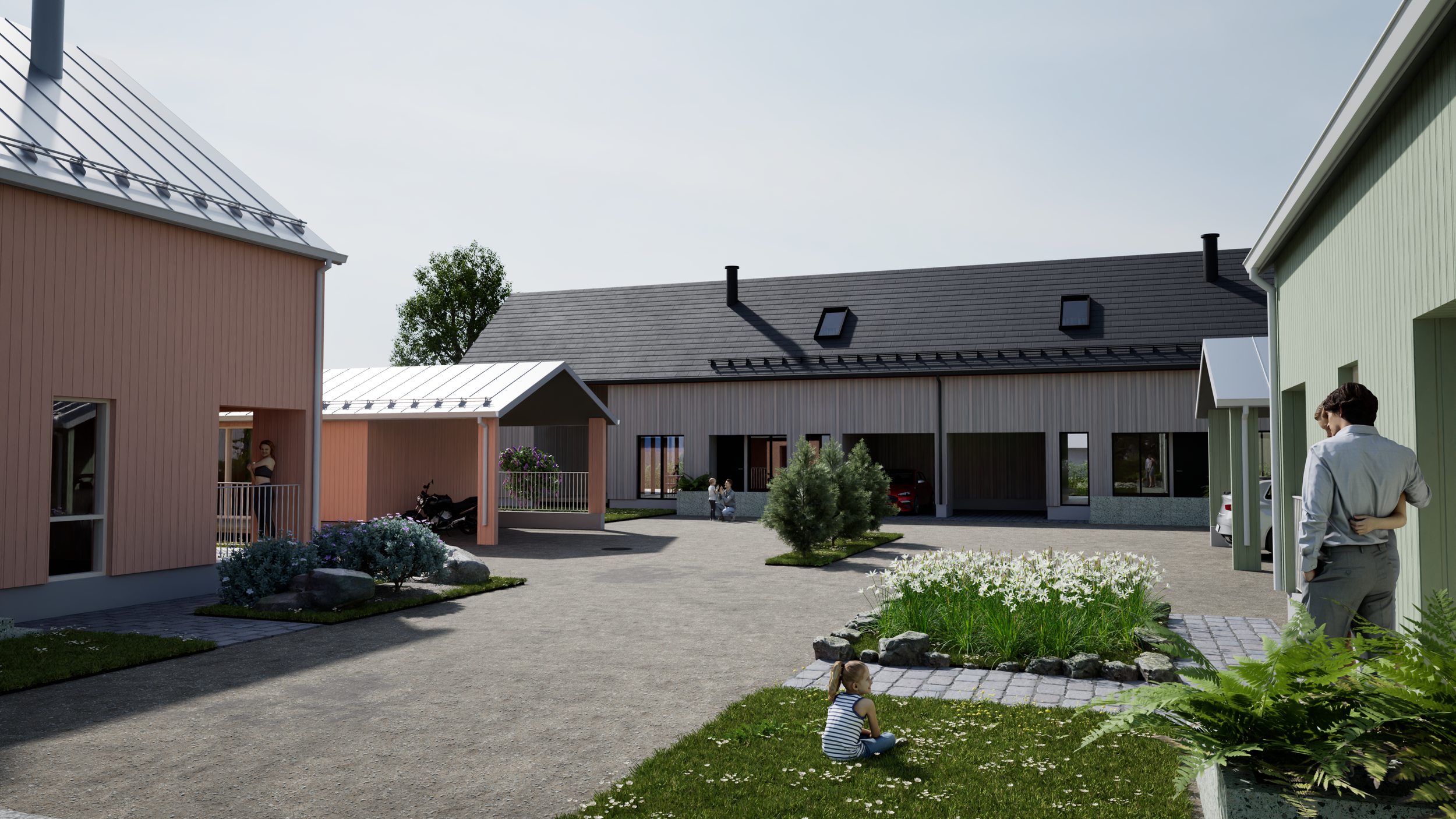 Näky urbanisoidusta pihasta ja taloista, joissa lapsi istuu nurmikolla ja aikuiset seisovat ja puhuvat. Talot ovat väriltään vaaleanpunaista, vihreää ja harmaata, ja pihalla on kukkaistutuksia ja puita.