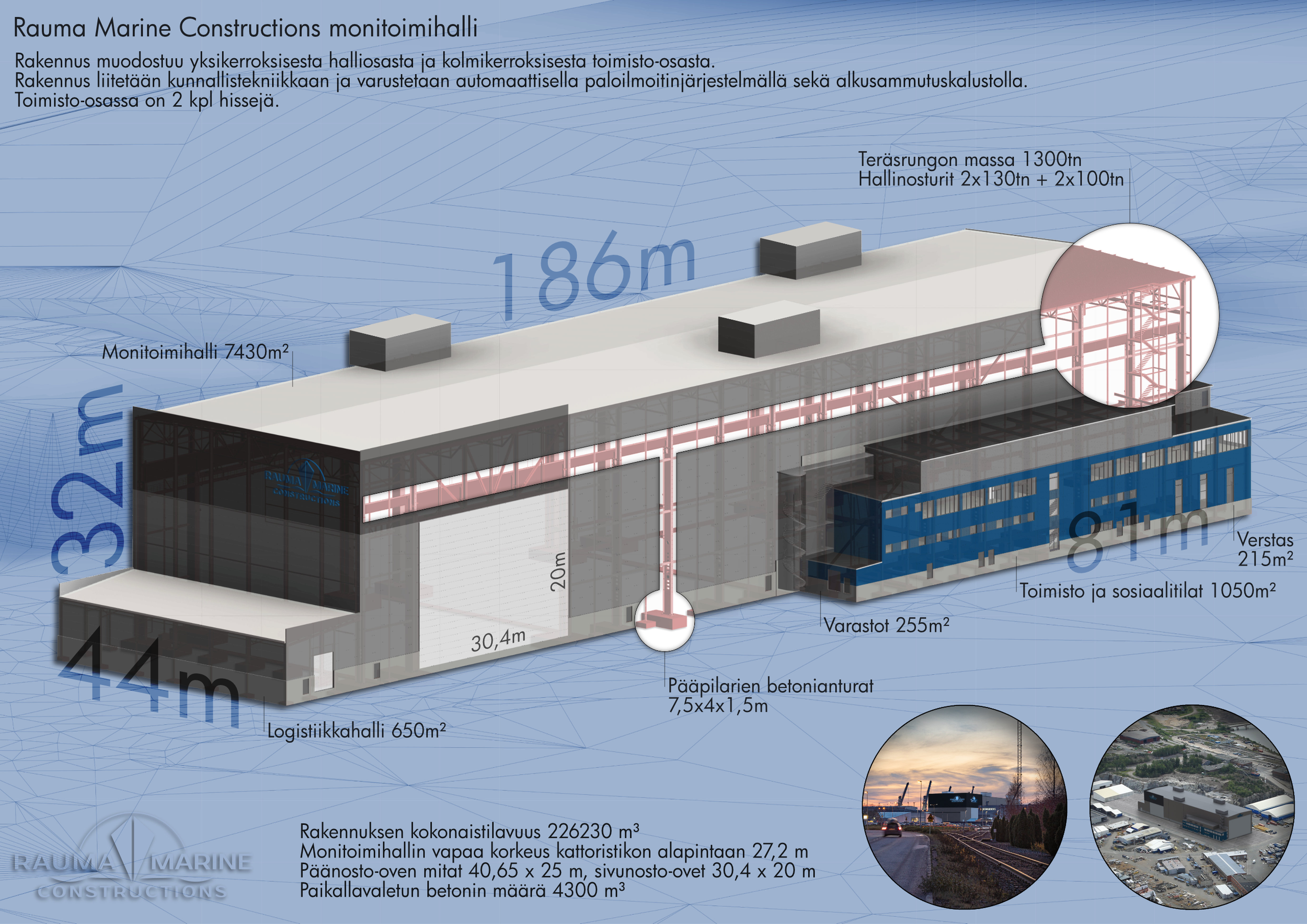 Tekninen piirros Rauma Marine Constructionsin monitoimihallista, jonka pituus 186 metriä, leveys 44 metriä ja korkeus 23,2 metriä. Rakennus sisältää monitoimihallin, varastot, toimisto- ja sosiaalitilat, logistiikkahallin ja betonirakenteita. Pylväid