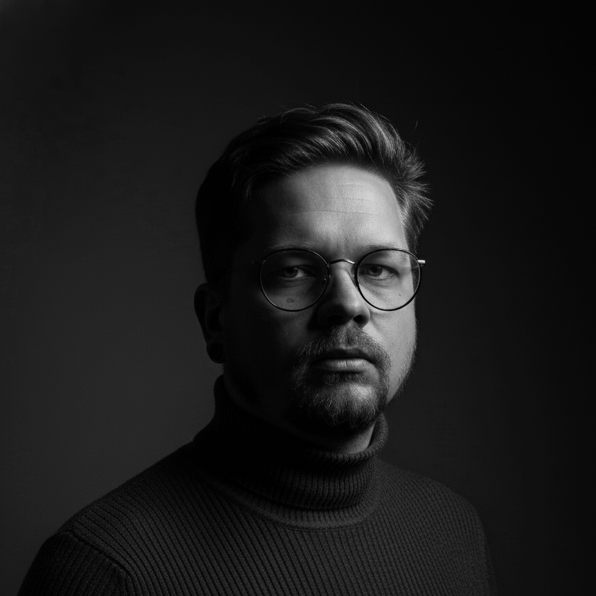 Mustavalkoinen kuva miehestä, joka katsoo suoraan kameraan, hänellä on lasit ja tummat hiukset, taustalla tumma pinta.