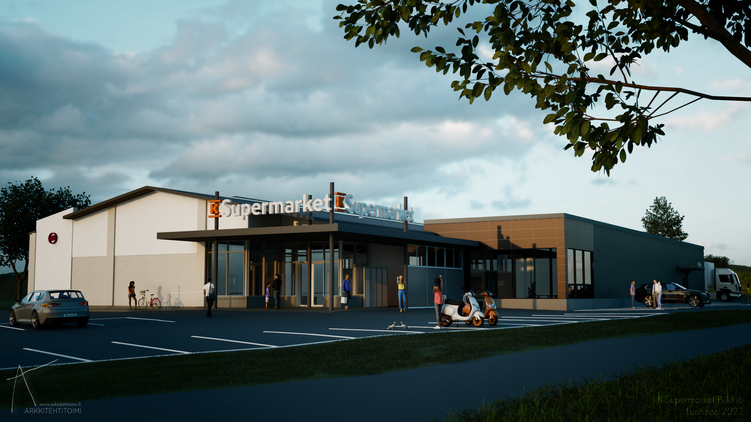 Rakennuksen edessä on pysäköintiä ja ihmisiä, myös pyörä ja sähkökäyttöinen mopo, kiinalainen supermarketin kyltti ja pilviä taivaalla.