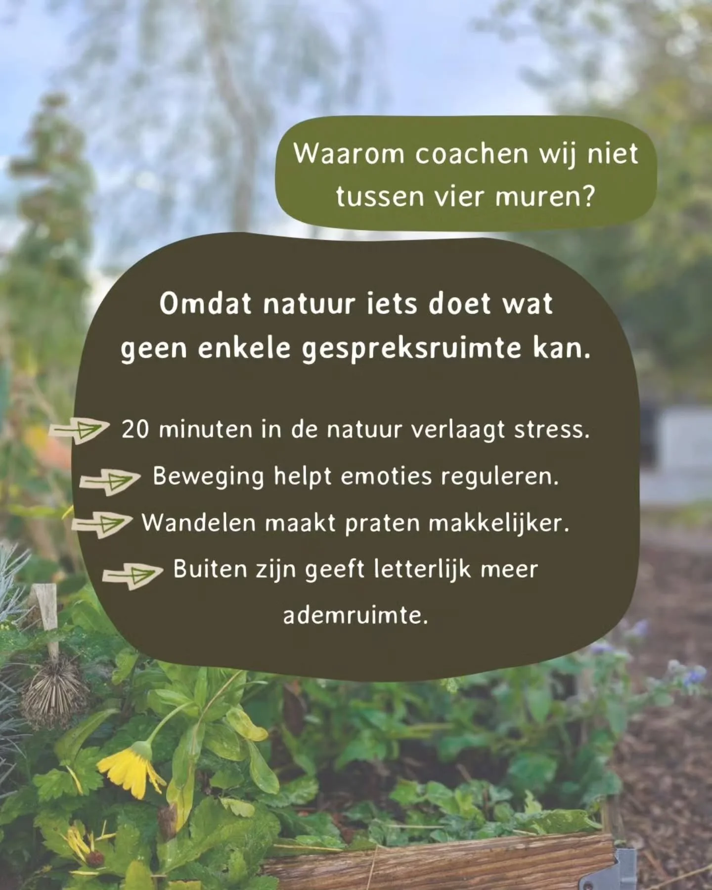 Veel kinderen praten niet makkelijker als ze tegenover je zitten. Maar w&eacute;l als ze naast je wandelen.
Buiten, in de natuur hoeft niets geforceerd te worden.
Het proces volgt vanzelf.

Wil je weten of dit iets voor jouw kind kan zijn?

Plan geru