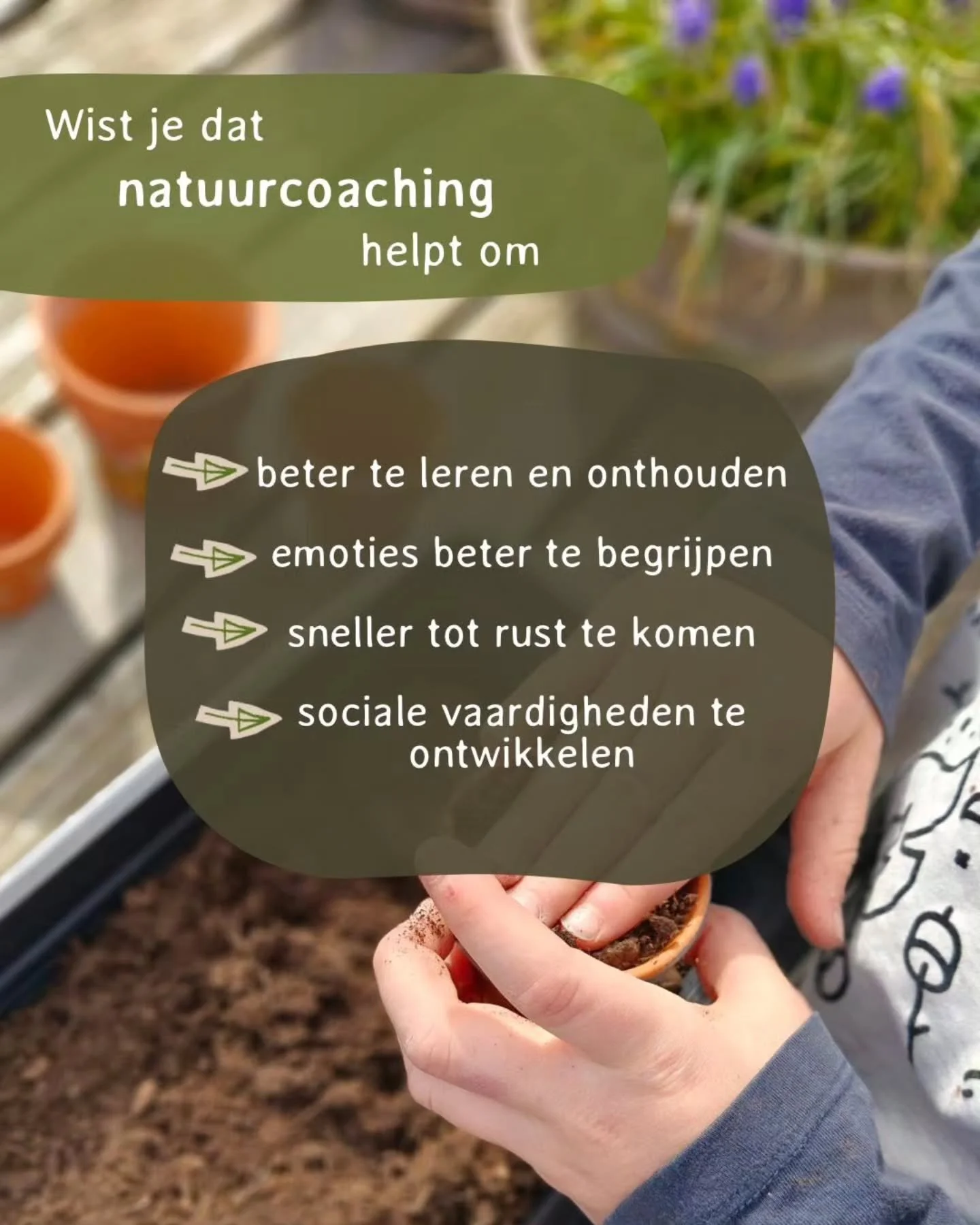 Wist je dat
🌱 buiten leren en bewegen de hersenen activeert waardoor kinderen informatie beter onthouden?
🌱 contact met dieren kinderen helpt om emoties beter te herkennen en te uiten?
🌱 kinderen in de natuur vaak sneller tot rust komen dan in een