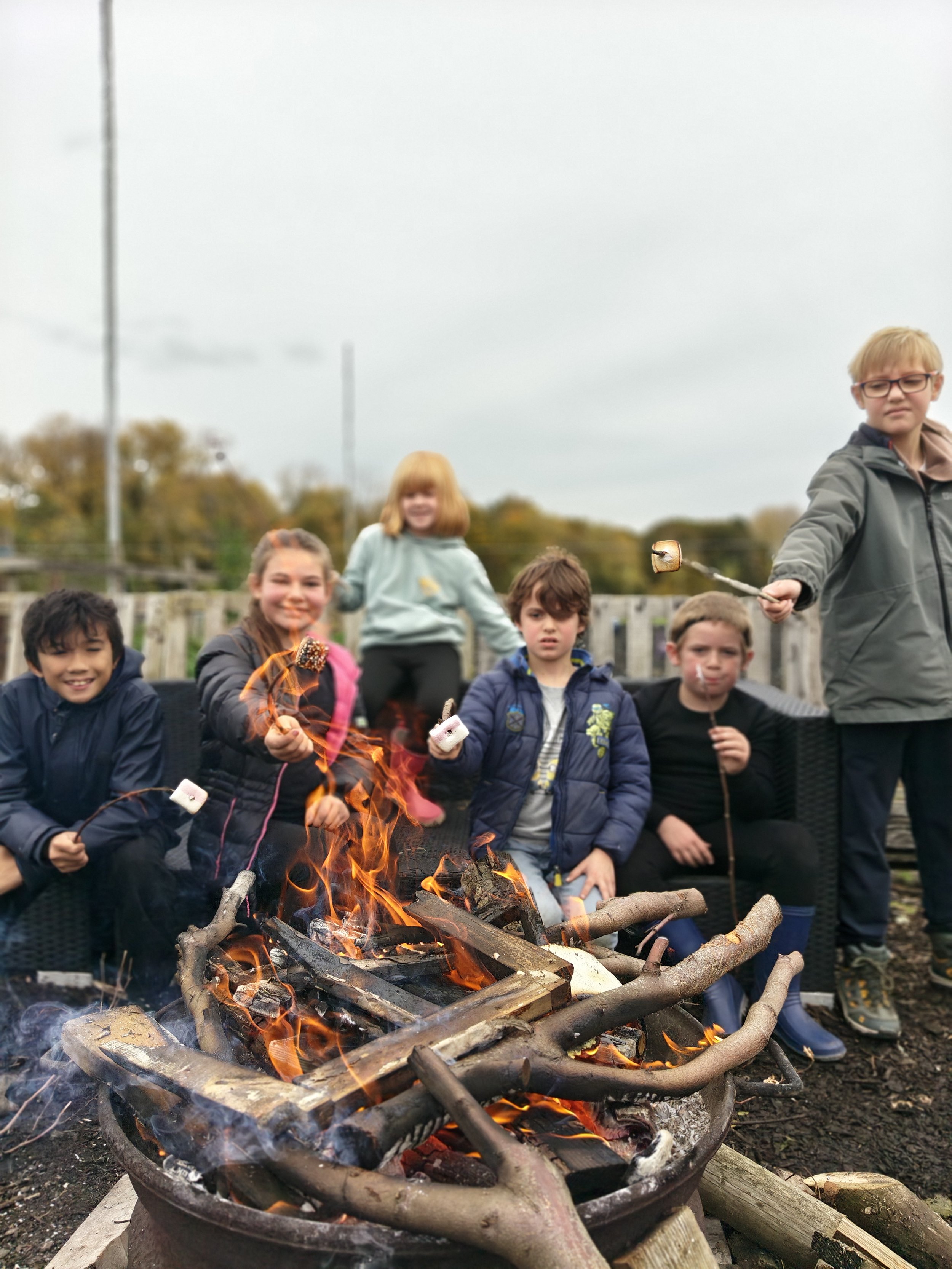 Vijf kinderen zitten en staan rondom een kampvuur die brandt met een houtvuurbak, terwijl ze marshmallows roosteren en plezier hebben in de buitenlucht.