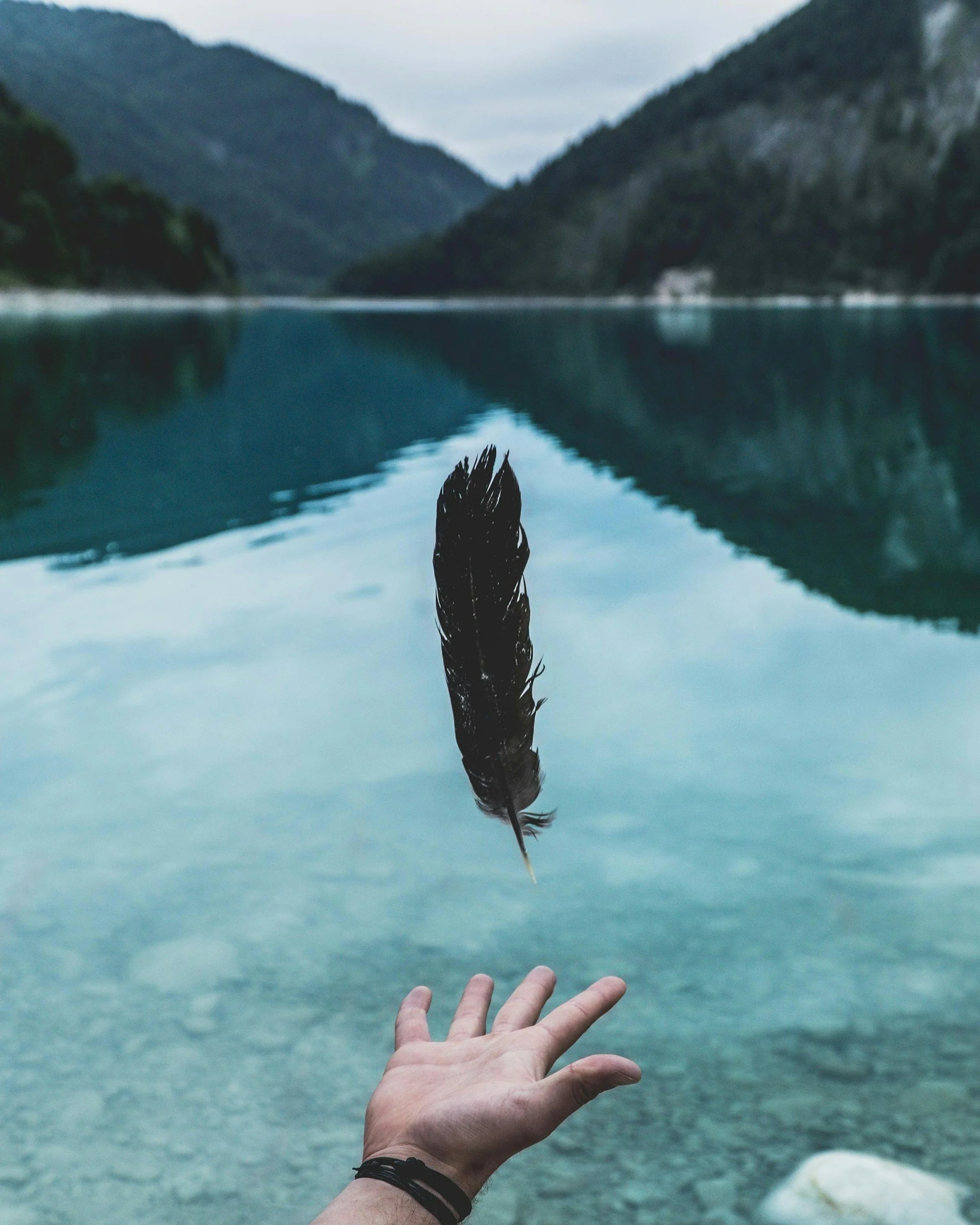 A feather is thrown into a lake, surrounded by mountains and forest