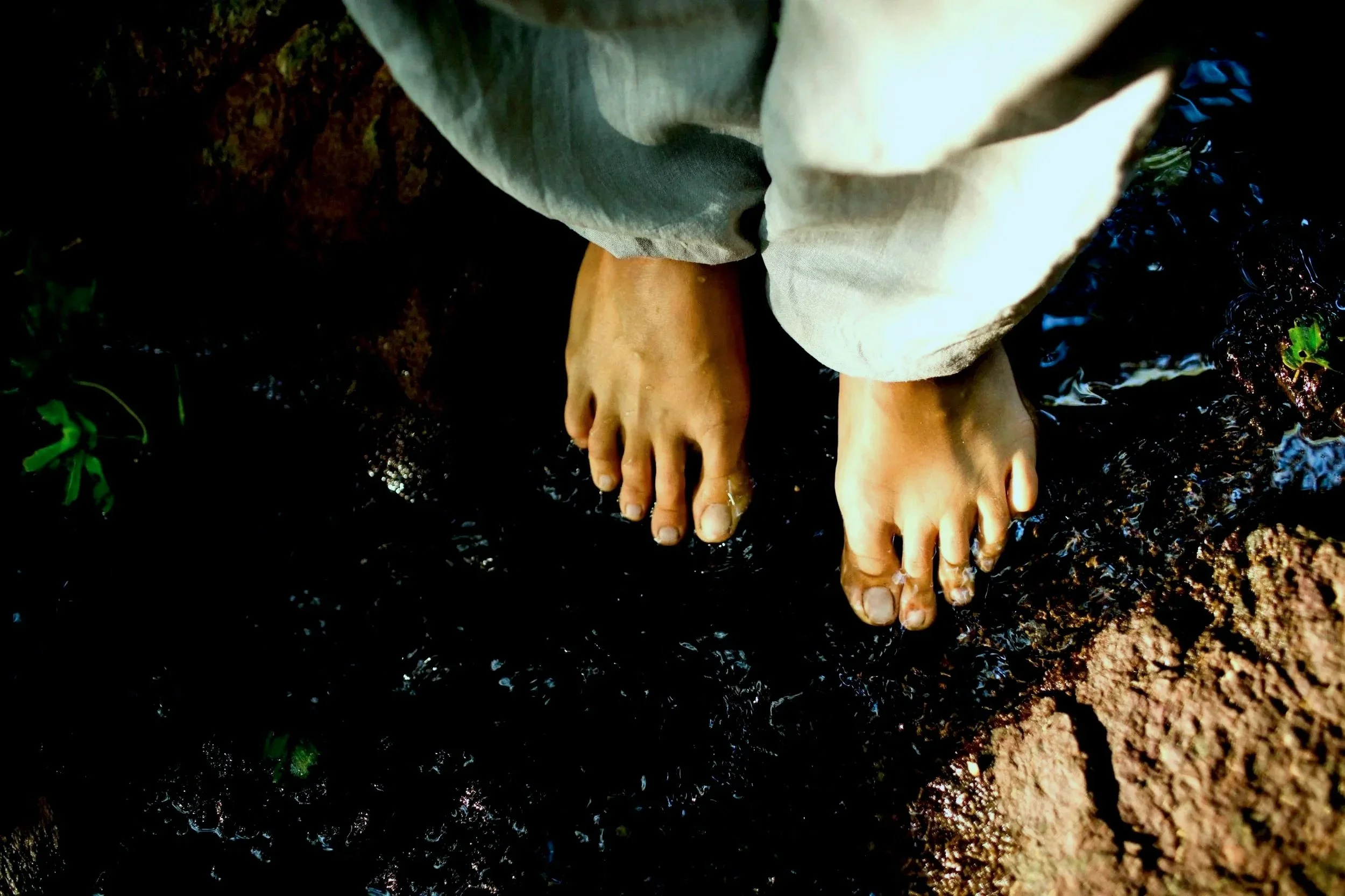 Two feet standing in dark, muddy water surrounded by rocks.