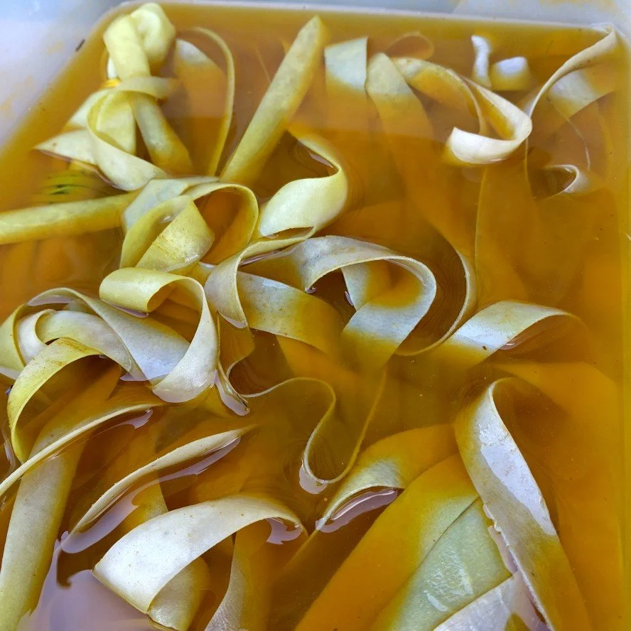 Uncooked pasta noodles submerged in water.
